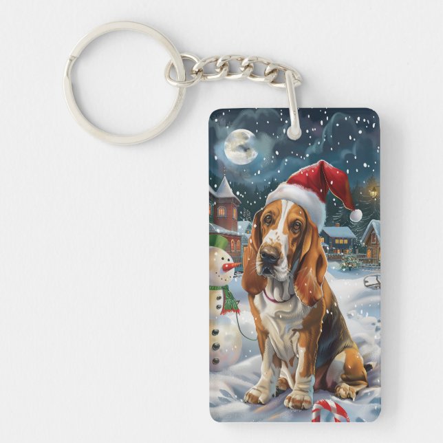 Basset Hound Dog Winter Wonderland Christmas Joy Key Ring (Front)