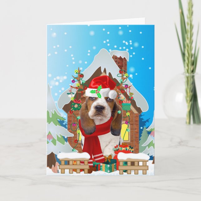 Basset Hound dog with Christmas gifts Card (Front)