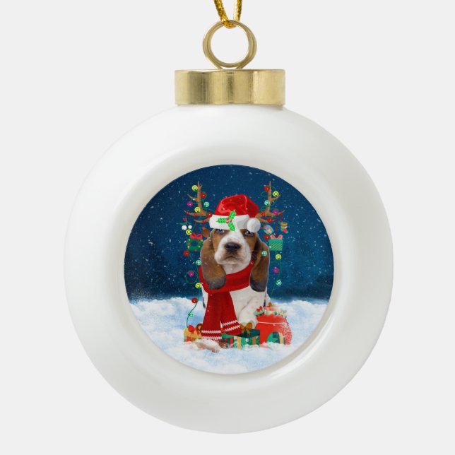 Basset Hound dog with Christmas gifts Ceramic Ball Christmas Ornament (Front)