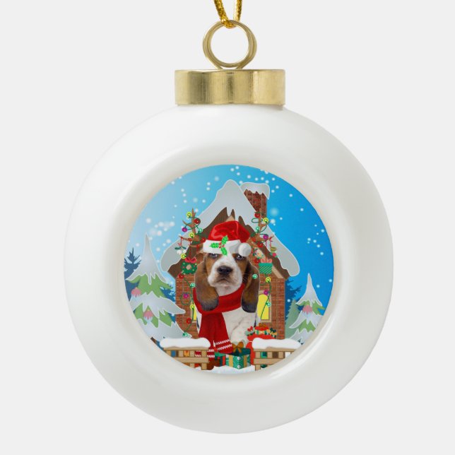 Basset Hound dog with Christmas gifts Ceramic Ball Christmas Ornament (Front)