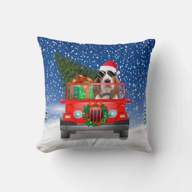 Basset Hound dog with Christmas gifts Cushion (Front)
