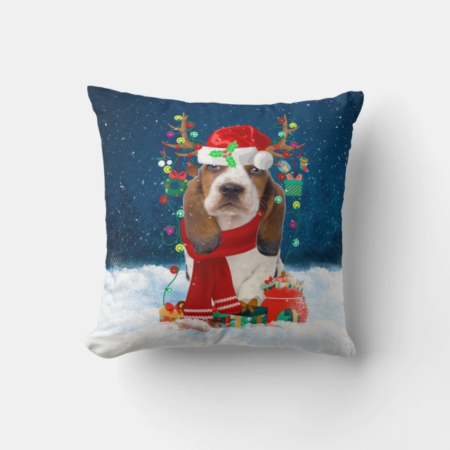 Basset Hound dog with Christmas gifts Cushion (Front)