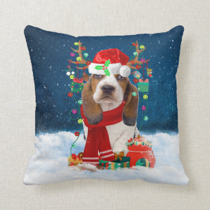 Basset Hound dog with Christmas gifts Cushion