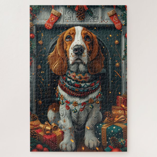 Basset Hound Dog With Christmas Gifts Fireplace  Jigsaw Puzzle (Vertical)