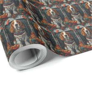 Basset Hound Dog With Christmas Gifts Fireplace Wrapping Paper