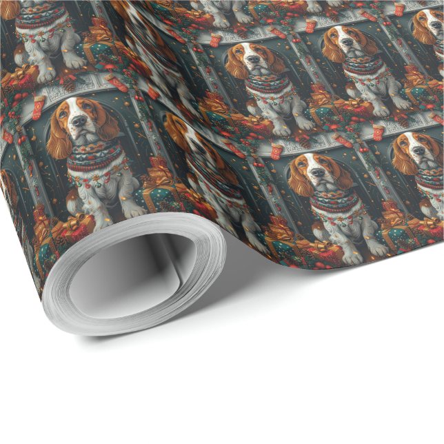 Basset Hound Dog With Christmas Gifts Fireplace  Wrapping Paper (Roll Corner)