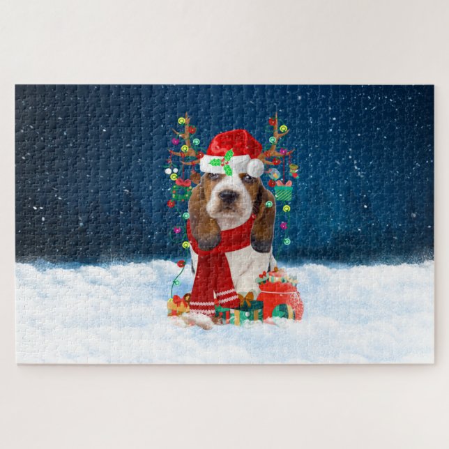 Basset Hound dog with Christmas gifts Jigsaw Puzzle (Horizontal)