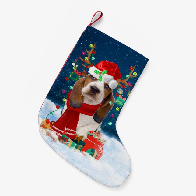 Basset Hound dog with Christmas gifts Small Christmas Stocking (Front (Hanging))