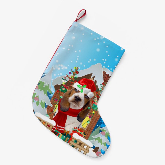 Basset Hound dog with Christmas gifts Small Christmas Stocking (Front (Hanging))