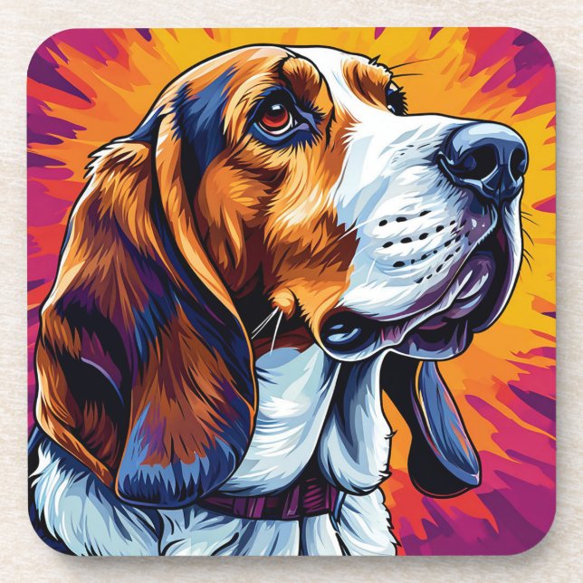 Basset Hound dog with Colourful Background Coaster (Front)