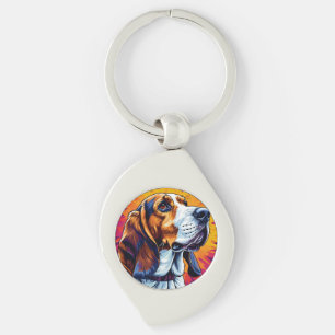 Basset Hound dog with Colourful Background Key Ring
