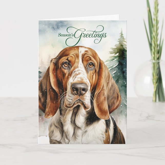 Basset Hound Dog Woodland Christmas Holiday Card (Front)