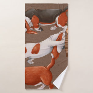 Basset Hound dogs are carrying a cart with pumpkin Bath Towel