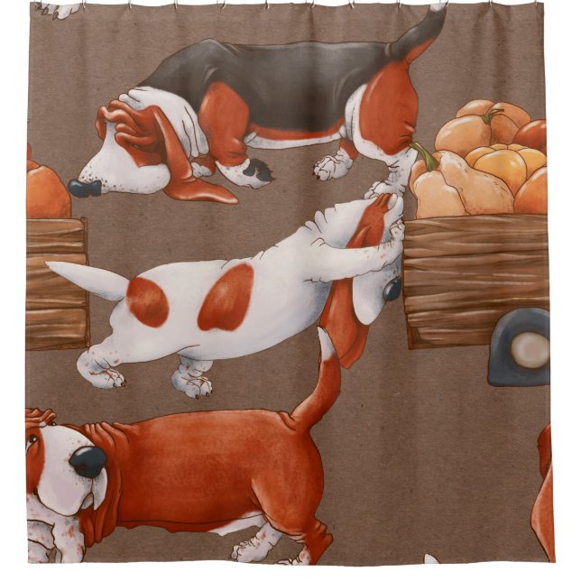 Basset Hound dogs are carrying a cart with pumpkin Shower Curtain (Front)