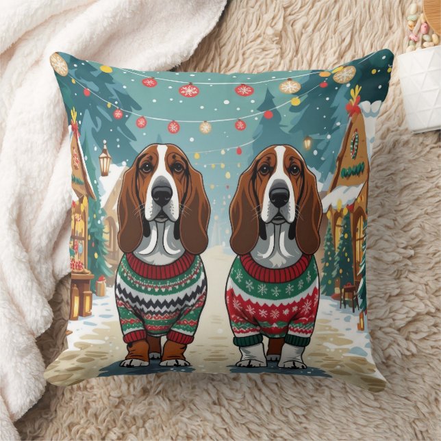 Basset Hound Dogs Christmas Snow Holiday Cushion (Blanket)