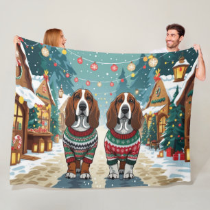 Basset Hound Dogs Christmas Snow Holiday Fleece Blanket