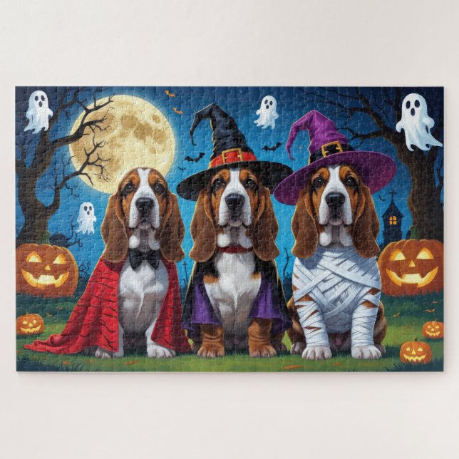 Basset Hound Dogs Pumpkin Halloween Funny Jigsaw Puzzle (Horizontal)