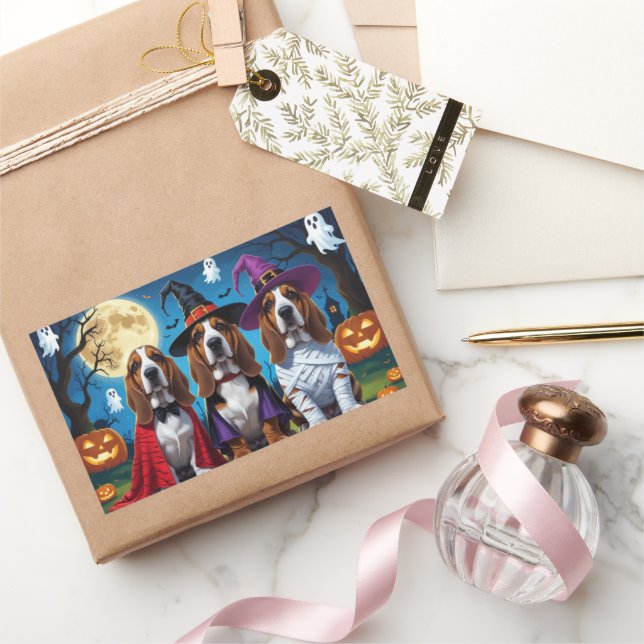 Basset Hound Dogs Pumpkin Halloween Funny Rectangular Sticker (Gifting)