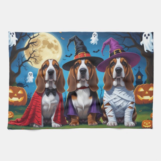 Basset Hound Dogs Pumpkin Halloween Funny Tea Towel (Horizontal)