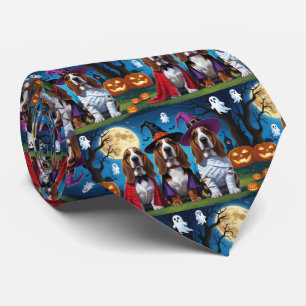 Basset Hound Dogs Pumpkin Halloween Funny Tie