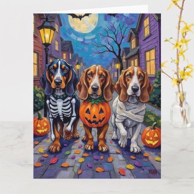 Basset Hound Dogs Trick-or-Treating in Halloween  Card (Yellow Flower)