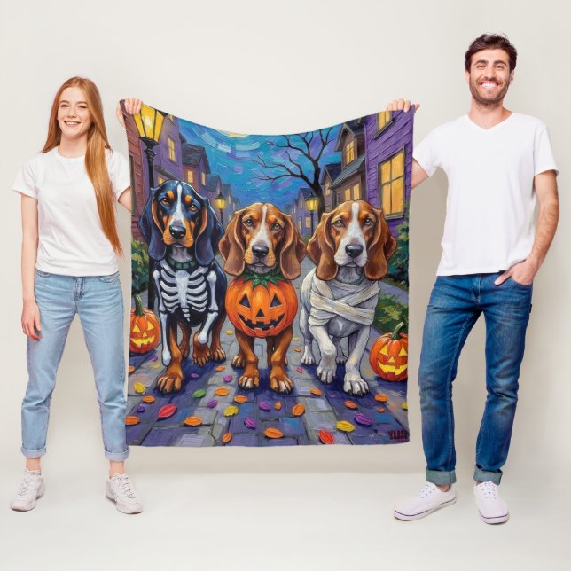 Basset Hound Dogs Trick-or-Treating in Halloween  Fleece Blanket (In Situ)