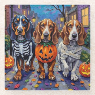 Basset Hound Dogs Trick-or-Treating in Halloween  Glass Coaster