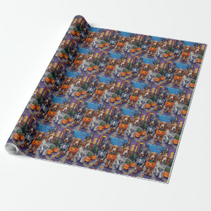 Basset Hound Dogs Trick-or-Treating in Halloween  Wrapping Paper