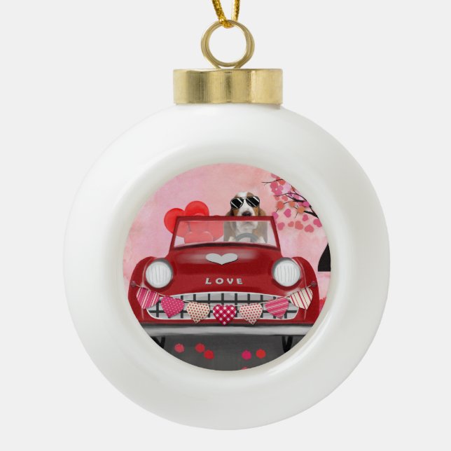 Basset Hound Driving Car with Hearts Valentine's   Ceramic Ball Christmas Ornament (Front)