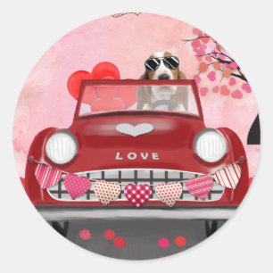 Basset Hound Driving Car with Hearts Valentine's   Classic Round Sticker