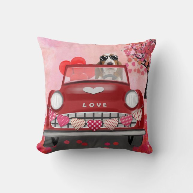Basset Hound Driving Car with Hearts Valentine's  Cushion (Front)