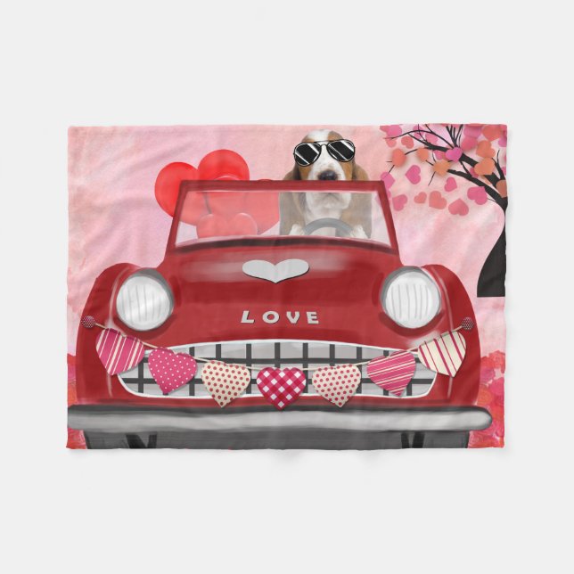 Basset Hound Driving Car with Hearts Valentine's   Fleece Blanket (Front (Horizontal))