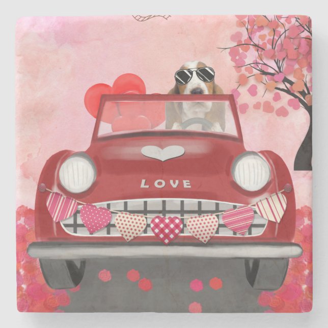 Basset Hound Driving Car with Hearts Valentine's   Stone Coaster (Front)
