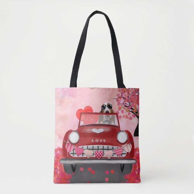 Basset Hound Driving Car with Hearts Valentine's   Tote Bag (Front)