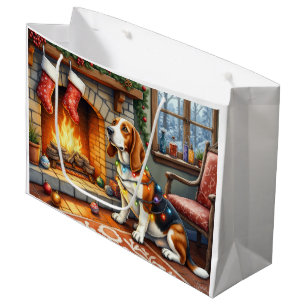 Basset Hound Fireplace with Christmas Lights Large Gift Bag