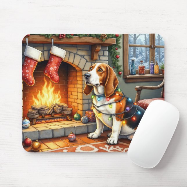 Basset Hound Fireplace with Christmas Lights Mouse Mat (With Mouse)