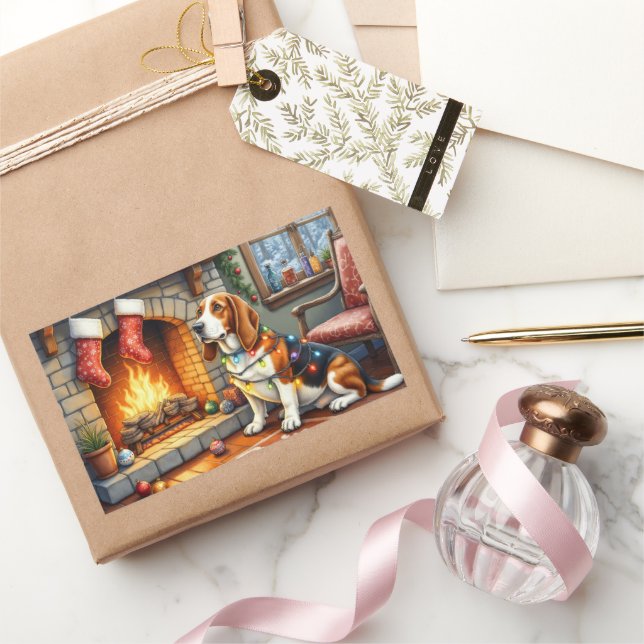 Basset Hound Fireplace with Christmas Lights Rectangular Sticker (Gifting)