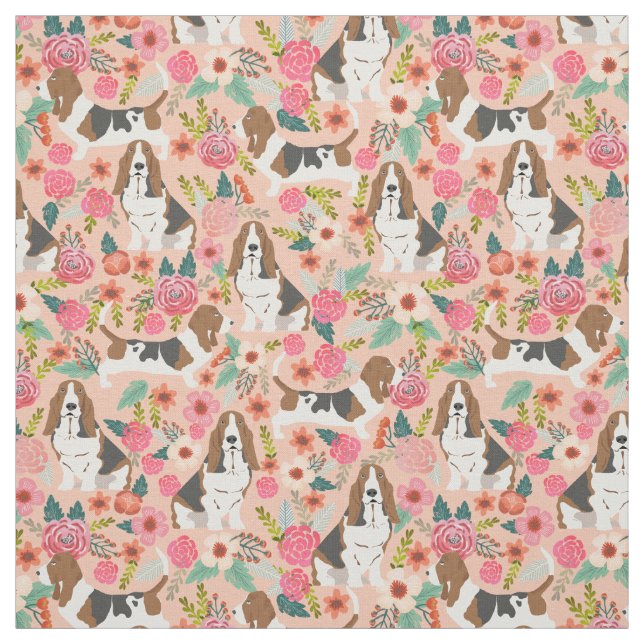 Basset hound florals fabric - cute dog fabric (Swatch)