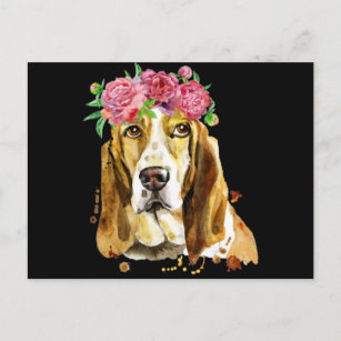 basset hound flower crown watercolor art dog mum postcard