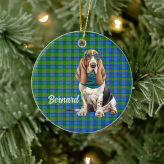 Basset Hound Green Blue Plaid Personalised Photo Ceramic Tree Decoration
