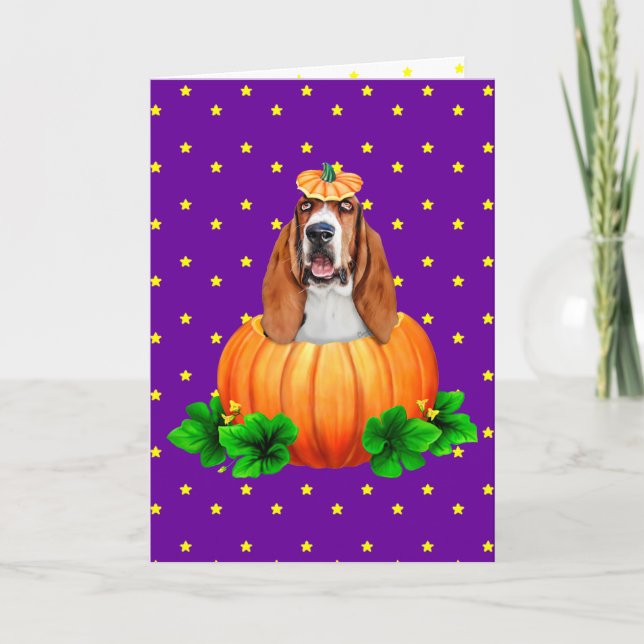 Basset Hound Halloween Jack-O-Lantern Card (Front)