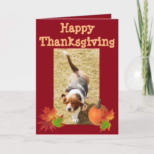 Basset Hound "Happy Thanksgiving" Card w/Pumpkin (Front)