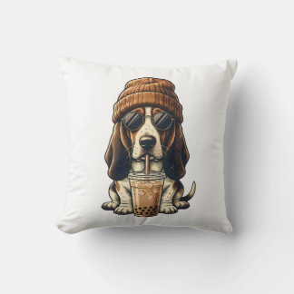 Basset Hound Hipster Dog Drinking Iced Coffee Cushion