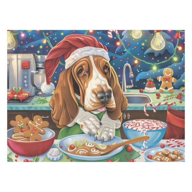 Basset Hound Holiday Baking: Festive Christmas Tablecloth (Front (Horizontal))