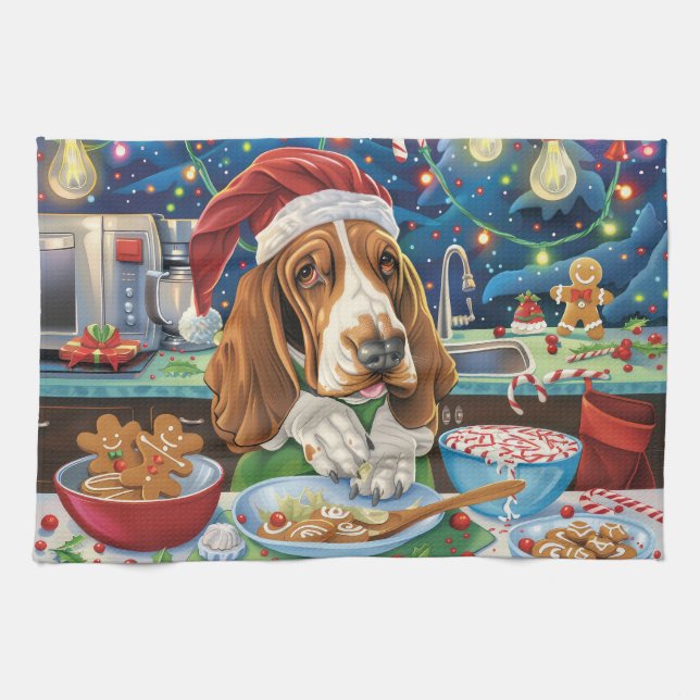 Basset Hound Holiday Baking: Festive Christmas Tea Towel (Horizontal)
