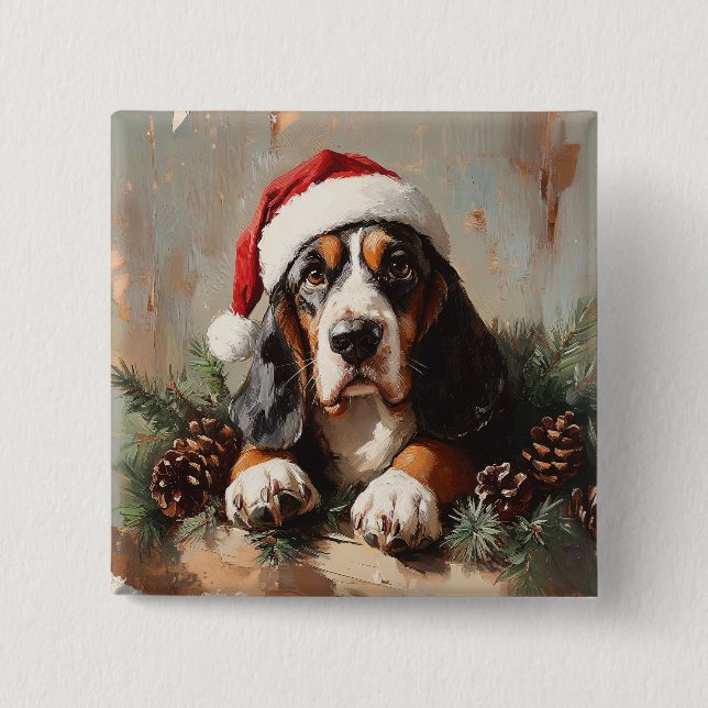 Basset Hound in a Santa Hat Oil Painting 15 Cm Square Badge (Front)