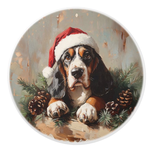 Basset Hound in a Santa Hat Oil Painting Ceramic Knob (Front)