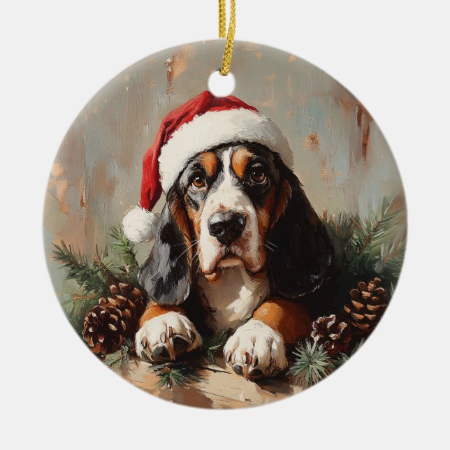 Basset Hound in a Santa Hat Oil Painting Ceramic Tree Decoration (Front)