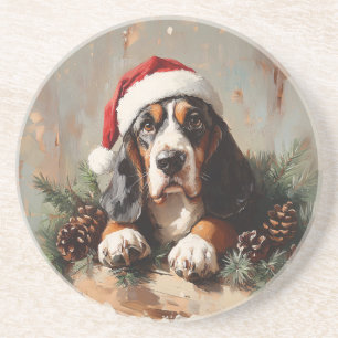 Basset Hound in a Santa Hat Oil Painting Coaster
