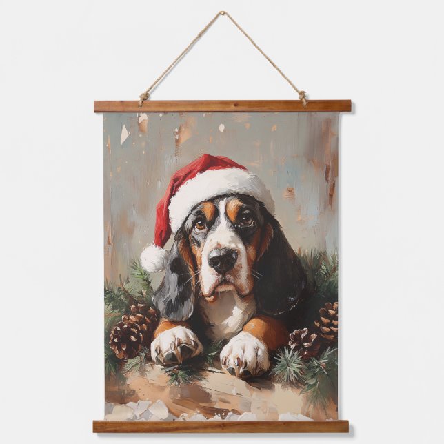 Basset Hound in a Santa Hat Oil Painting Hanging Tapestry (Front)